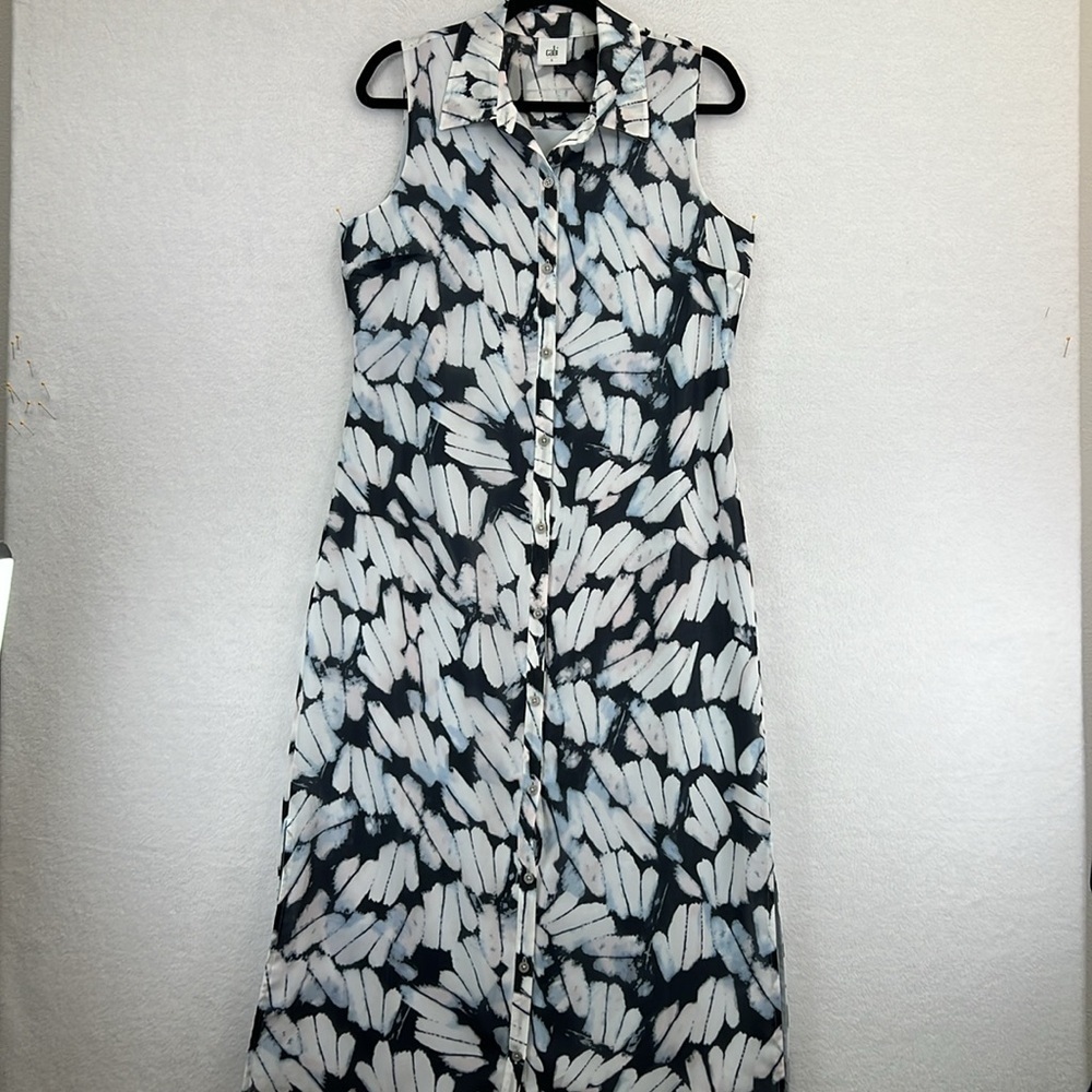 CAbi Cloudy Sky Maxi Buttonfront Dress Sz Small Black/Blue/White Like New